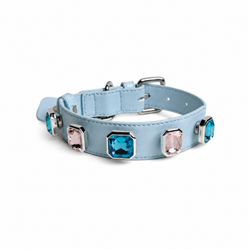 Adjustable Light Blue Leather Dog Collar with Pink & Blue Crystal Accents
