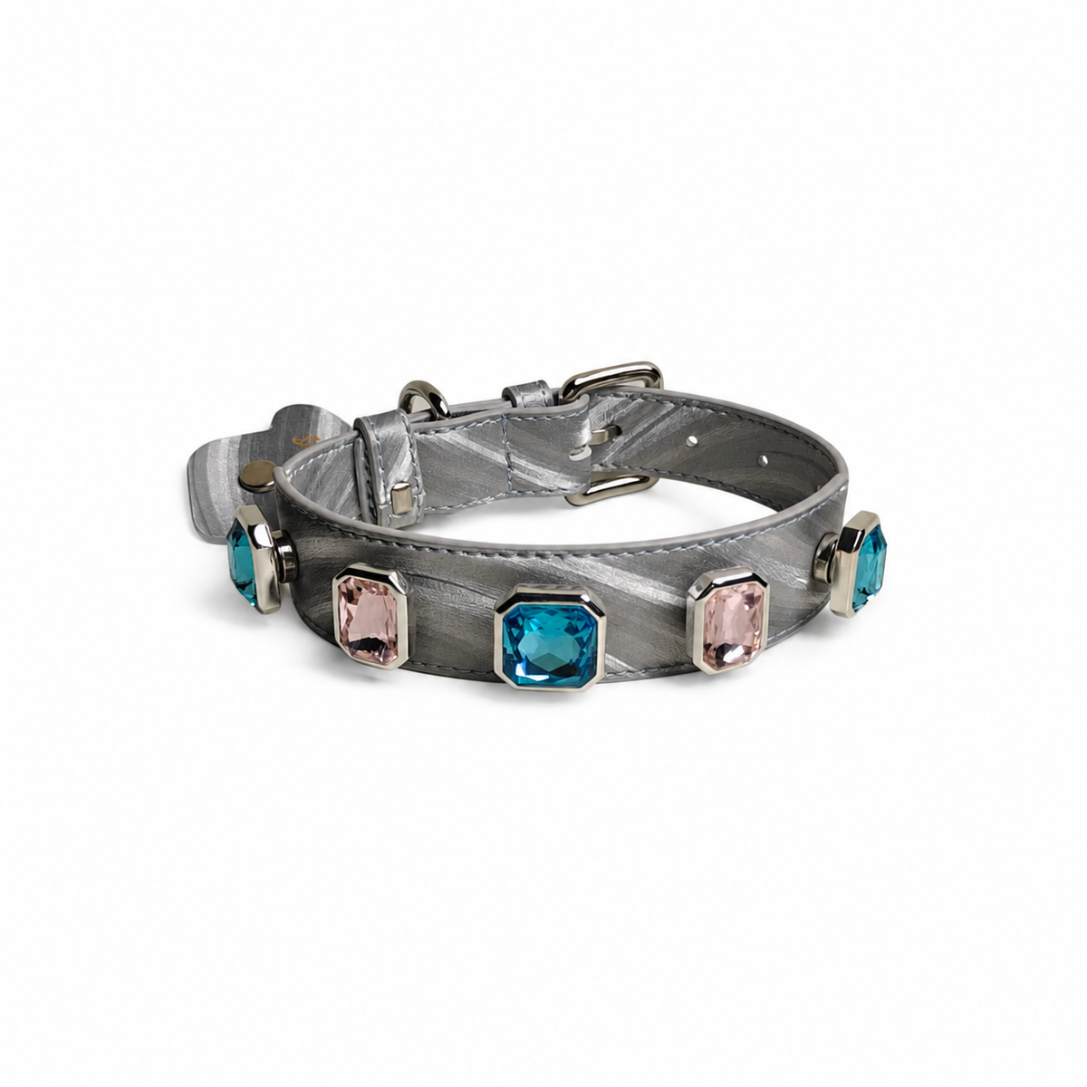 Adjustable Light Blue Leather Dog Collar with Pink & Blue Crystal Accents