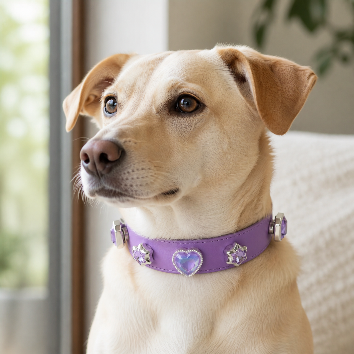 Purple Crystal Heart Adjustable Dog Collar – Soft, Comfortable & Neck-Friendly